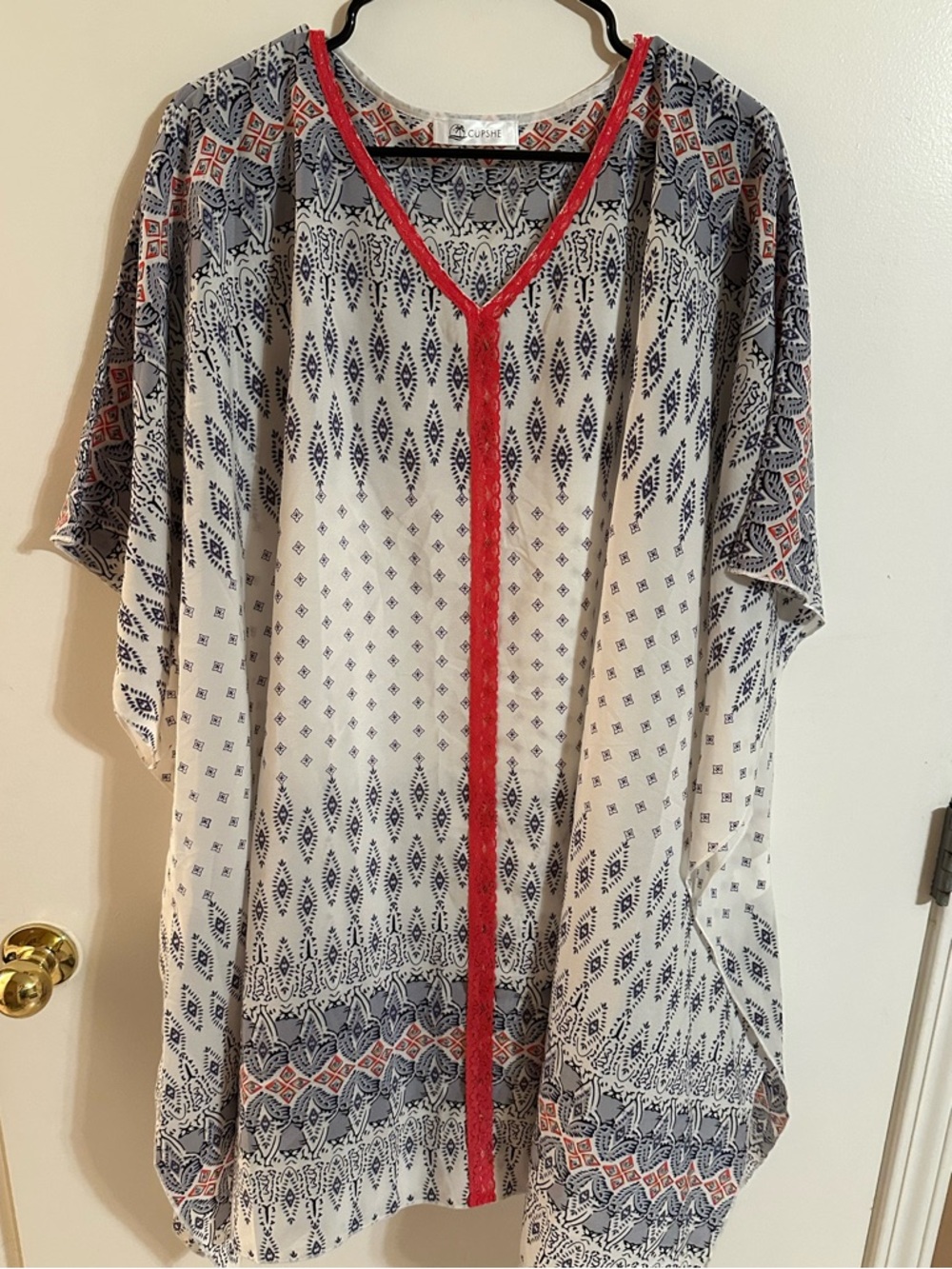 Cupshe White & Navy Plus Size Printed Swim Coverup with Red Trim